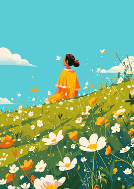 Woman in a Field of Flowers Minimalist Art Illustration