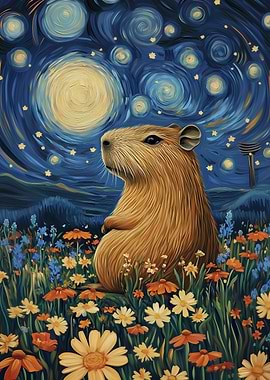 Capybara Starry Night Funny Meme