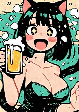 Kawaii Anime Girl with Beer