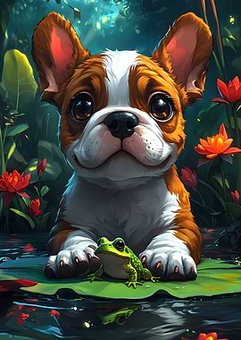 Cute Bulldog and Frog Animal