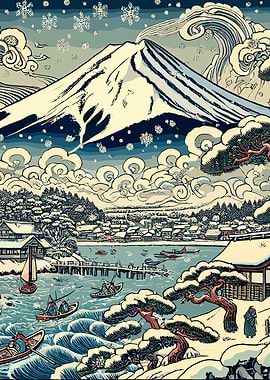 Snowy Mount Fuji Ukiyo-E Landscape