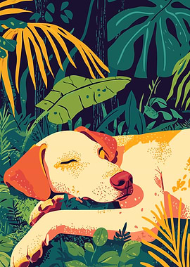 Peaceful Sleeping Dog Nature Minimalist Art Illustration