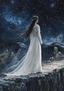 Woman in White Dress Under Starry Sky
