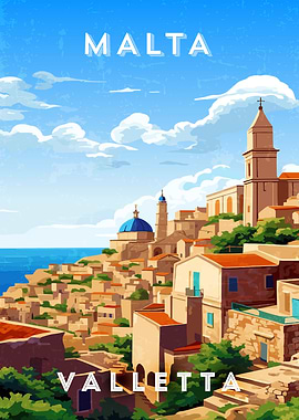 Malta Valletta cityscape — Retro travel minimalist poster