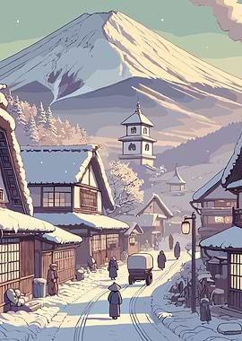 Mount Fuji and Snowy Japanese Village