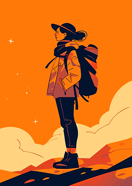 Woman Hiker Minimalist Art Illustration