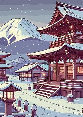 Snowy Japanese Temple and Mount Fuji