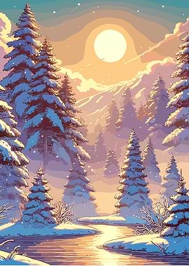 Snowy Pine Tree Forest Sunset