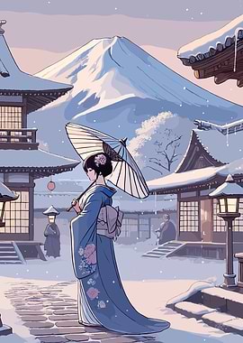 Geisha in Snowy Japan