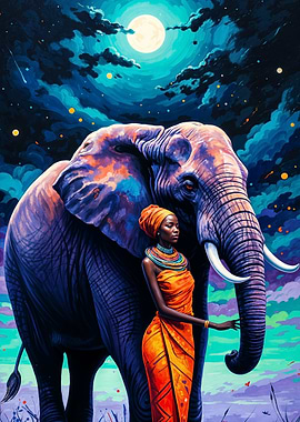 Woman and Elephant Under Night Sky