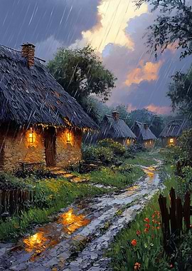 Rainy Village Street