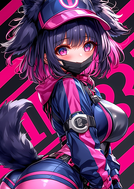 Anime Girl with Pink and Blue Outfit Gaming