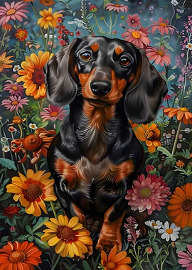 Dachshund in a Flower Garden