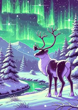 Reindeer Under Aurora Borealis