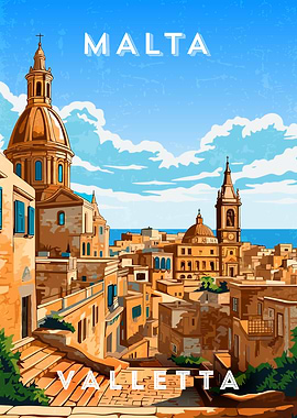 Valletta, Malta Cityscape — Retro travel minimalist poster