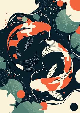 Koi Fish in Pond Peaceful Minimalist Art Illustration