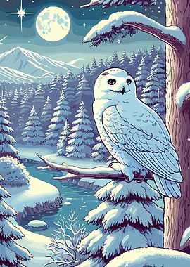 Snowy Owl in Winter Forest