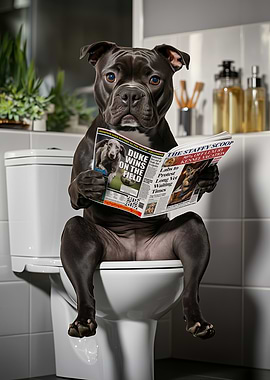 Staffy Dog Reading Newspaper on Toilet