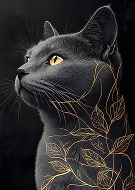 Black Russian Cat with Golden Vines