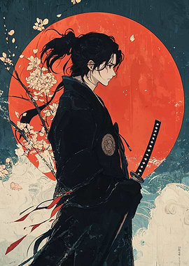 Samurai with Red Moon