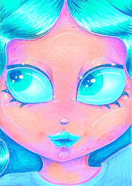 Cute Cartoon Girl with Blue Hair