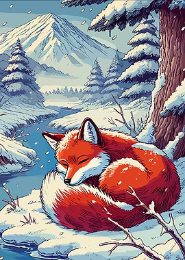 Fox Sleeping in Winter Forest