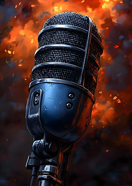 Vintage Microphone in Flames Music
