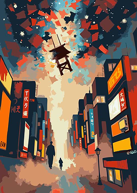 Japanese Cityscape with Falling Pagoda