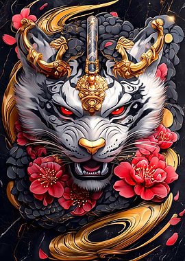 Golden Tiger with Flowers Animal