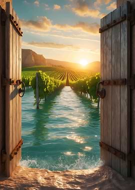 Vineyard Sunset Through Doors