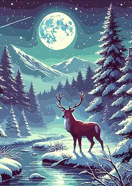 Winter Deer Under Full Moon