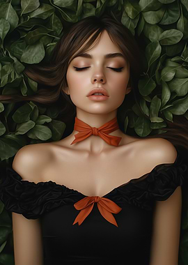 Woman with Red Bow in Green Leaves