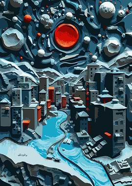 Cityscape with Red Moon