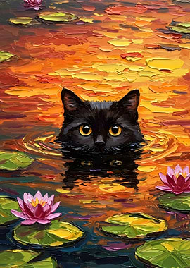 Black Cat in Water Lilies