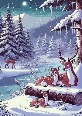 Winter Spotted Deer Family