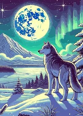 Winter Wolf Under Full Moon