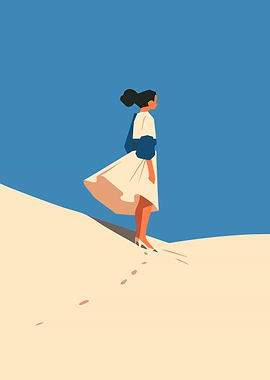 Woman in White Dress on Sand Dune Minimalist Art Illustration