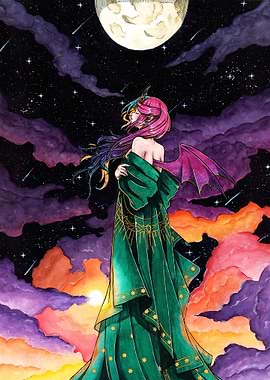 Starry Watercolour Night with a Dragon Lady