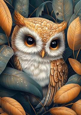 Cute Baby Owl in Autumn Leaves