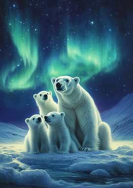 Polar Bear Family Under Aurora Borealis