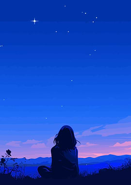 Girl Looks at Stars Minimalist Art Illustration