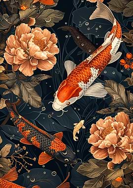 Koi Fish and Peonies