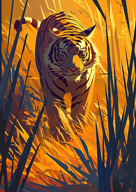 Tiger in Tall Grass Minimalist Art Illustration