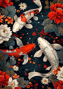 Koi Fish and Flowers