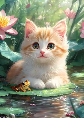 Kitten and Frog on Lily Pad Turkish Van