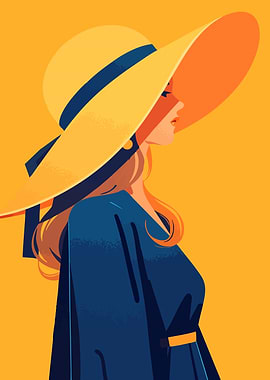 Woman in Yellow Hat Minimalist Art Illustration