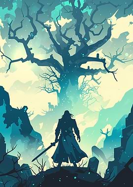 Silhouetted Figure in a Mystical Forest