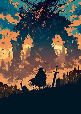 Silhouetted Figure Facing Giant