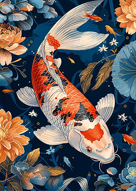 Koi Fish with Floral Background