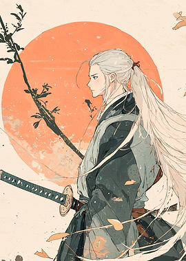 Samurai with Long White Hair